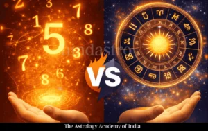 Split visual showing glowing numbers representing Mulank numerology on one side and zodiac wheel representing Bhagya astrology on the other