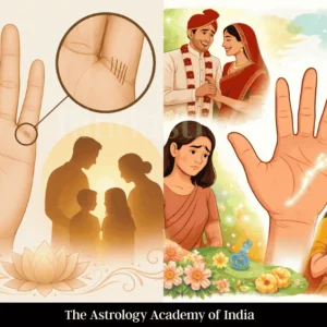 Illustration of a palm showing santaan rekha (child lines) with family and baby symbolism representing parenthood and children in palmistry