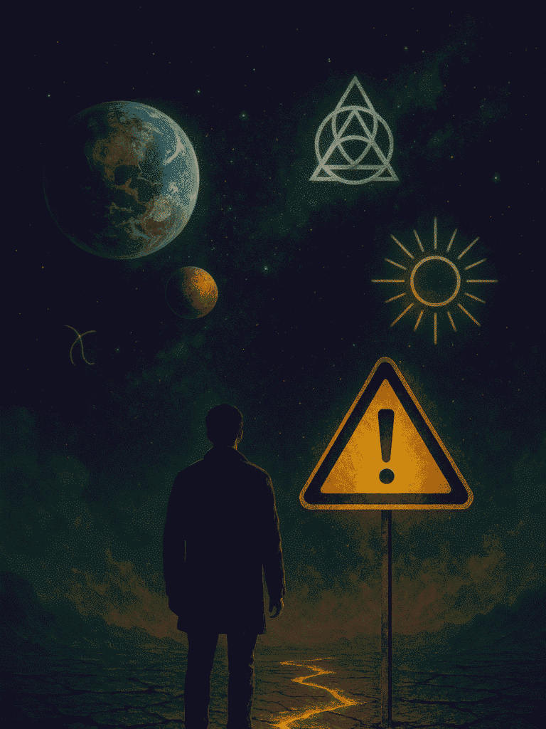 अंधेरे पथ पर खड़ा व्यक्ति, आसमान में ग्रहों और ज्योतिषीय संकेतों के साथ चेतावनी चिन्ह—किस्मत रुकने और ग्रहों की चेतावनी को दर्शाती ज्योतिषीय इमेज।