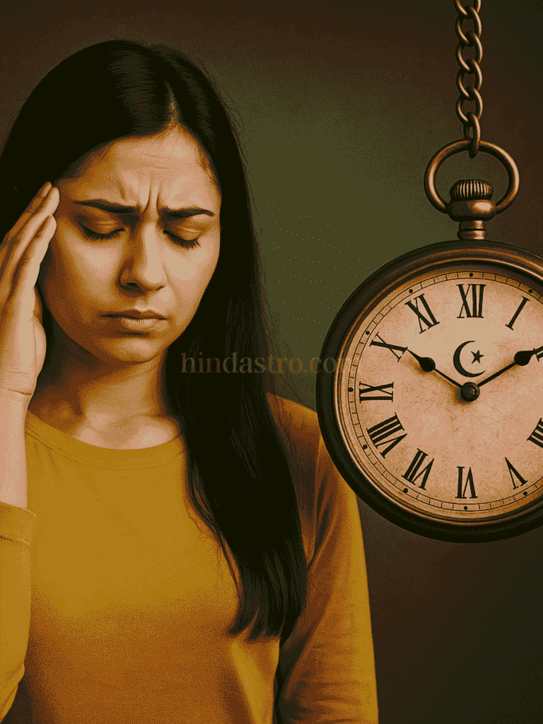 महिला सिरदर्द और तनाव में, पास में लटका हुआ प्राचीन समय का घड़ी—ज्योतिष अनुसार समय रुकने और किस्मत धीमी होने के संकेत को दर्शाता चित्र।