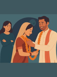 एक पुरुष दूसरी दुल्हन को माला पहनाता हुआ, पीछे उदास पहली पत्नी खड़ी हुई।