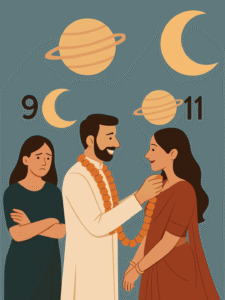 एक पुरुष दूसरी पत्नी को माला पहनाते हुए और पीछे पहली पत्नी उदास स्थिति में।