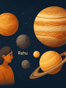 राहु, शुक्र, गुरु, शनि जैसे ग्रहों के प्रतीक दर्शाती छवि।