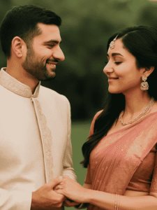 नवविवाहित जोड़ा शांत भाव में एक-दूसरे का हाथ पकड़े हुए।