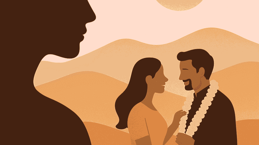 एक महिला की परछाई और दूर खड़ा खुशहाल नया दंपत्ति।