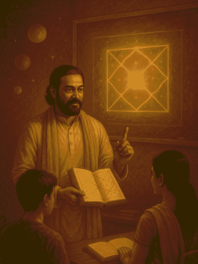 ज्योतिष शिक्षक विद्यार्थियों को कुंडली और ग्रहों की शिक्षा देते हुए – पारंपरिक वेदांग ज्योतिष कक्षा का दृश्य।