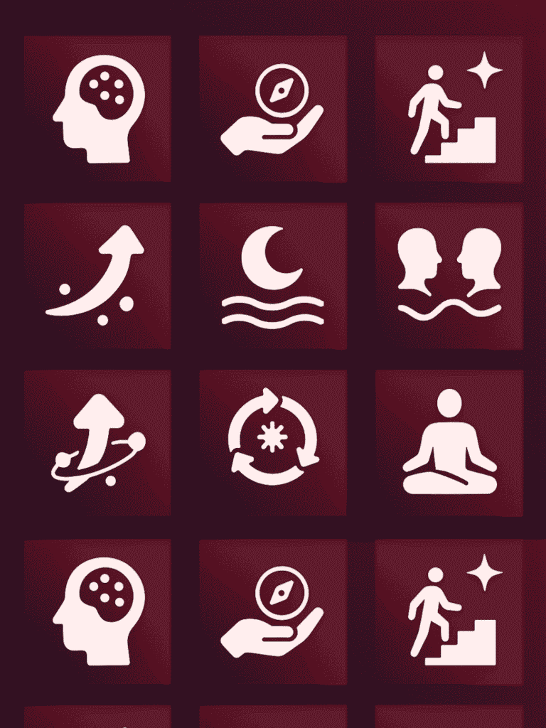 ज्योतिष सीखने के लाभ दिखाने वाले आठ आइकन — आत्म-जागरूकता, निर्णय क्षमता, जीवन उद्देश्य, रिश्तों की समझ, करियर दिशा, भावनात्मक संतुलन, कर्म ज्ञान और आध्यात्मिक विकास — सफेद प्रतीकों के रूप में मारून बैकग्राउंड पर।