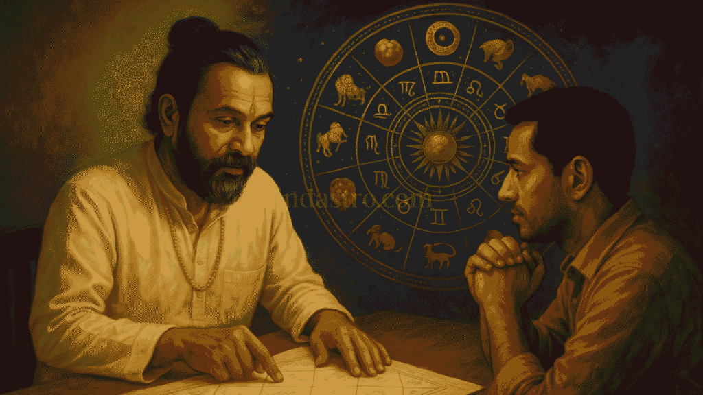 Professional Vedic astrologer analyzing kundli and guiding a client about career, income, and life direction