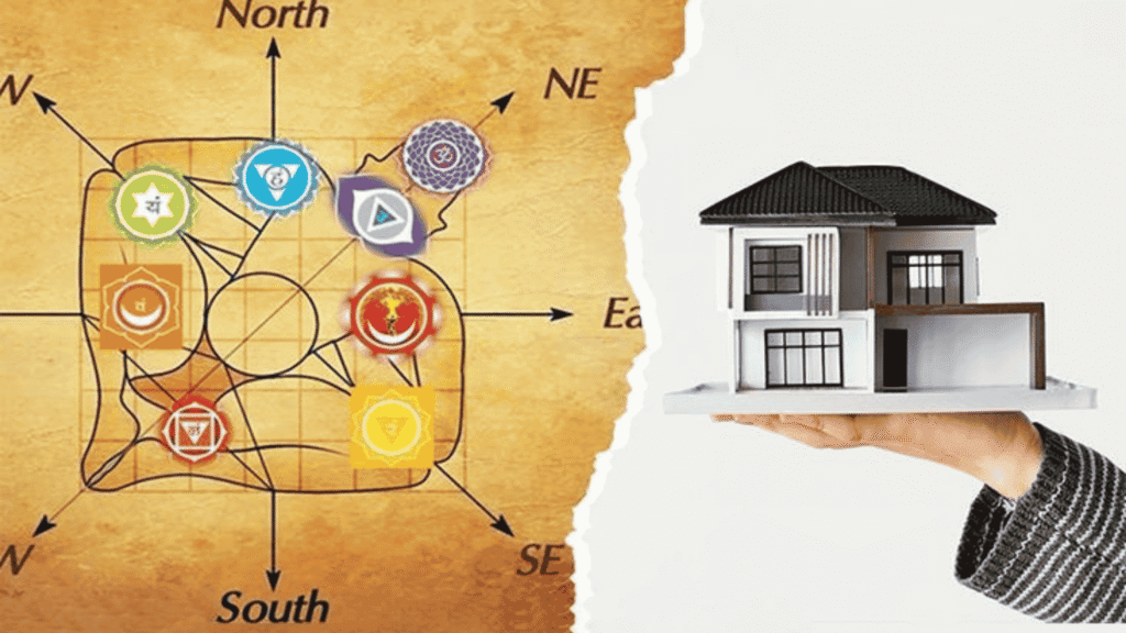 घर का वास्तु दिखाने वाली चित्रकारी जिसमें मुख्य द्वार, दिशाएँ और ऊर्जा का संतुलित प्रवाह दर्शाया गया है।