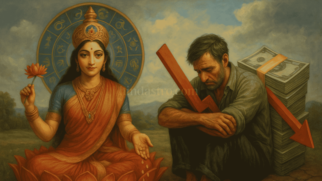 A realistic astrology-themed image showing Goddess Lakshmi on one side and a financially stressed man on the other, symbolizing astrological yogas that cause debt, money loss, and poverty in a kundli.