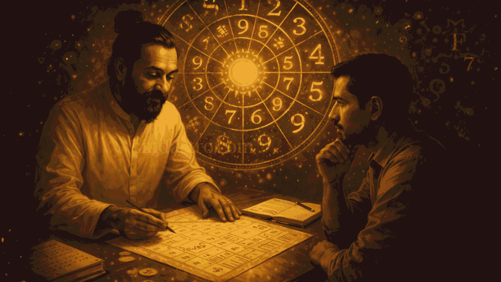 वैदिक अंकज्योतिष परामर्श के दौरान अंक विशेषज्ञ द्वारा करियर और आय से जुड़े समाधान समझाते हुए, संख्याओं और चार्ट के साथ गहन मार्गदर्शन का दृश्य