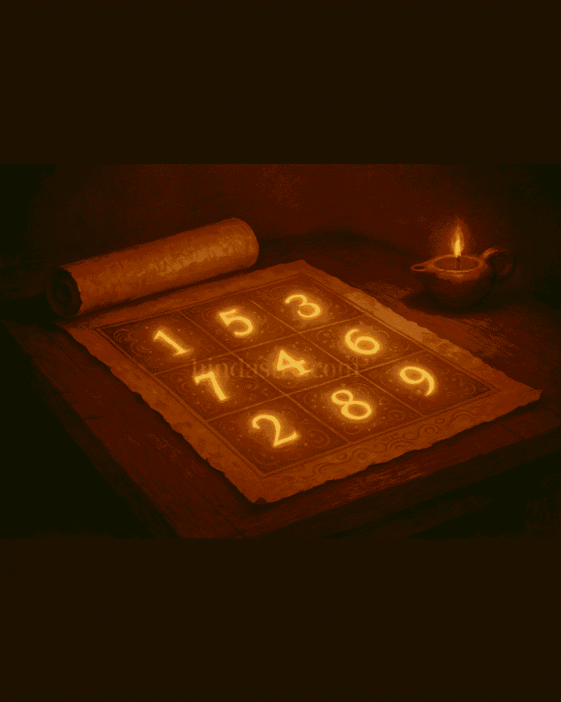 वेदिक अंक ज्योतिष का 1 से 9 तक का ऊर्जा चार्ट, प्राचीन पांडुलिपि और दीपक के साथ।