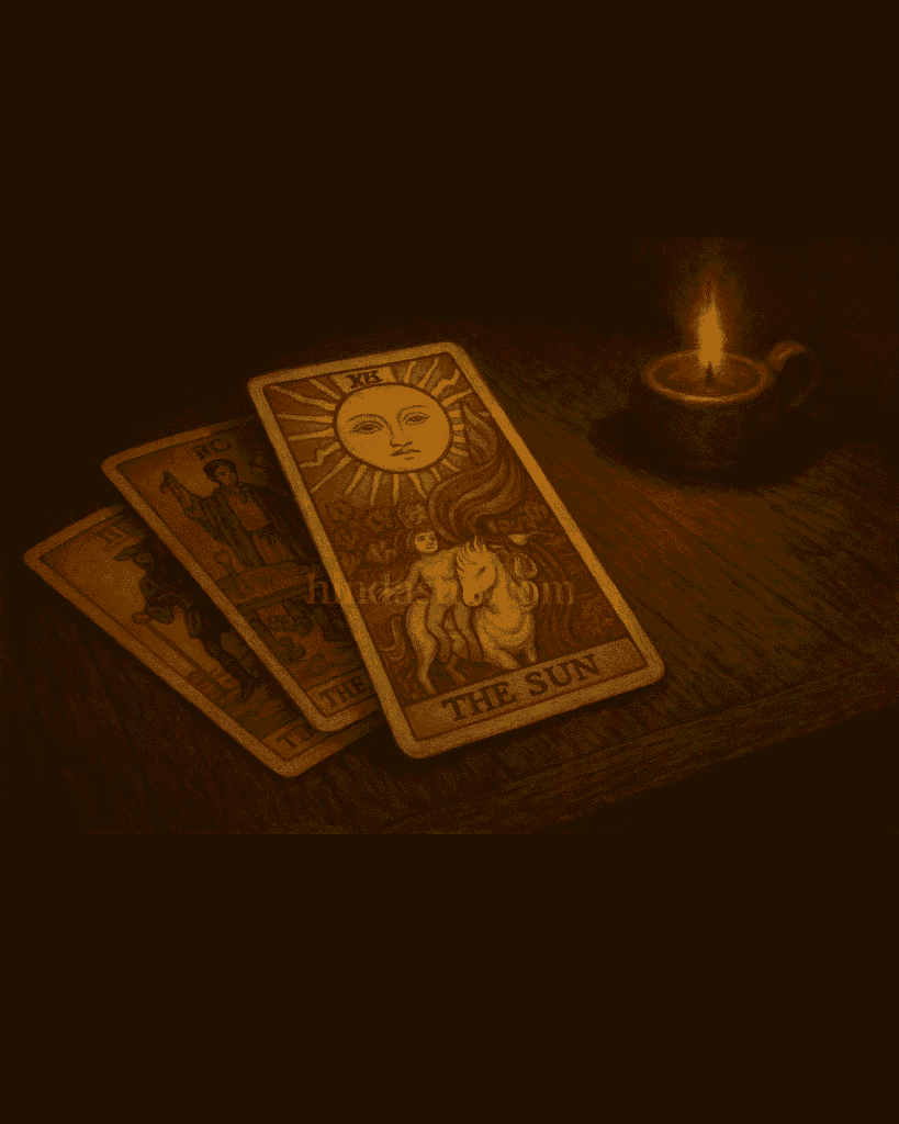 टेबल पर रखे टैरो कार्डों का दृश्य, जिसमें ‘The Sun’ कार्ड प्रमुख रूप से दिखाई दे रहा है और पास में एक जलता हुआ दीपक रखा है।