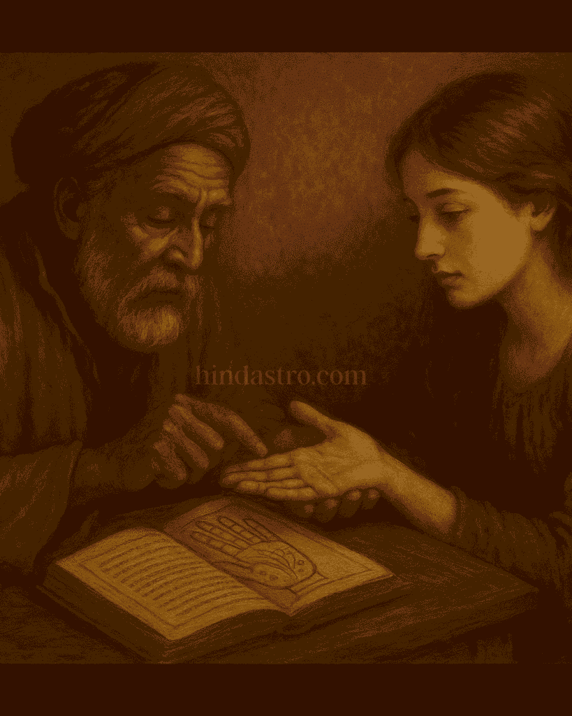 गुरु द्वारा शिष्य की हथेली की रेखाएँ पढ़ते हुए हस्तरेखा शास्त्र का पारंपरिक दृश्य, सामने खुली हुई पामिस्ट्री पुस्तक के साथ।