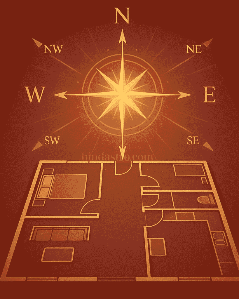 वास्तु शास्त्र के सिद्धांत दर्शाने वाला दिशा-सूचक (कंपास) और घर के नक्शे का चित्र, जिसमें उत्तर, दक्षिण, पूर्व, पश्चिम तथा कोने (NE, NW, SE, SW) स्पष्ट दिखाई दे रहे हैं।