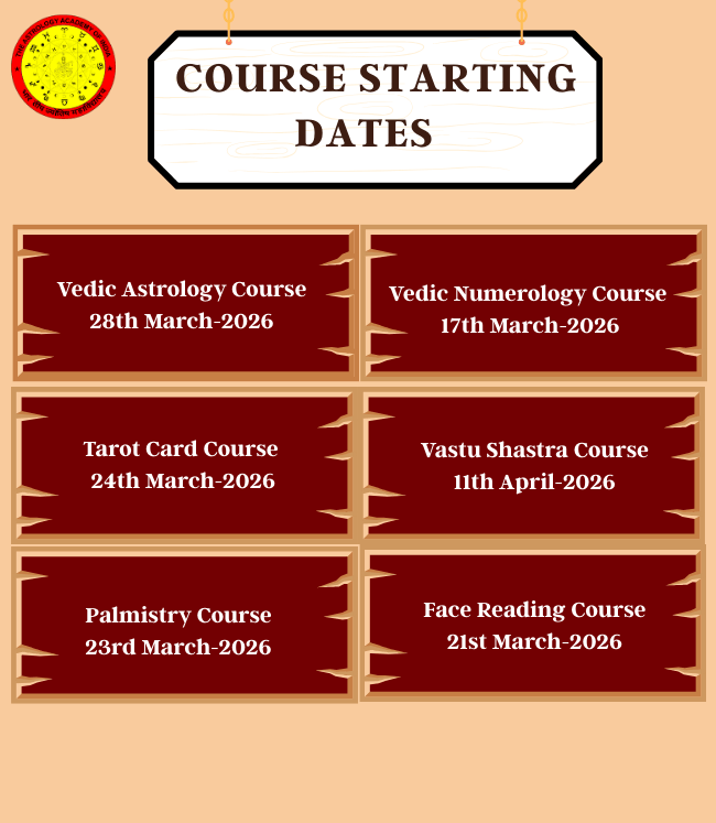 Course schedule poster showing upcoming class dates for six astrology related courses including Vedic Astrology, Numerology, Tarot, Vastu Shastra and Palmistry.