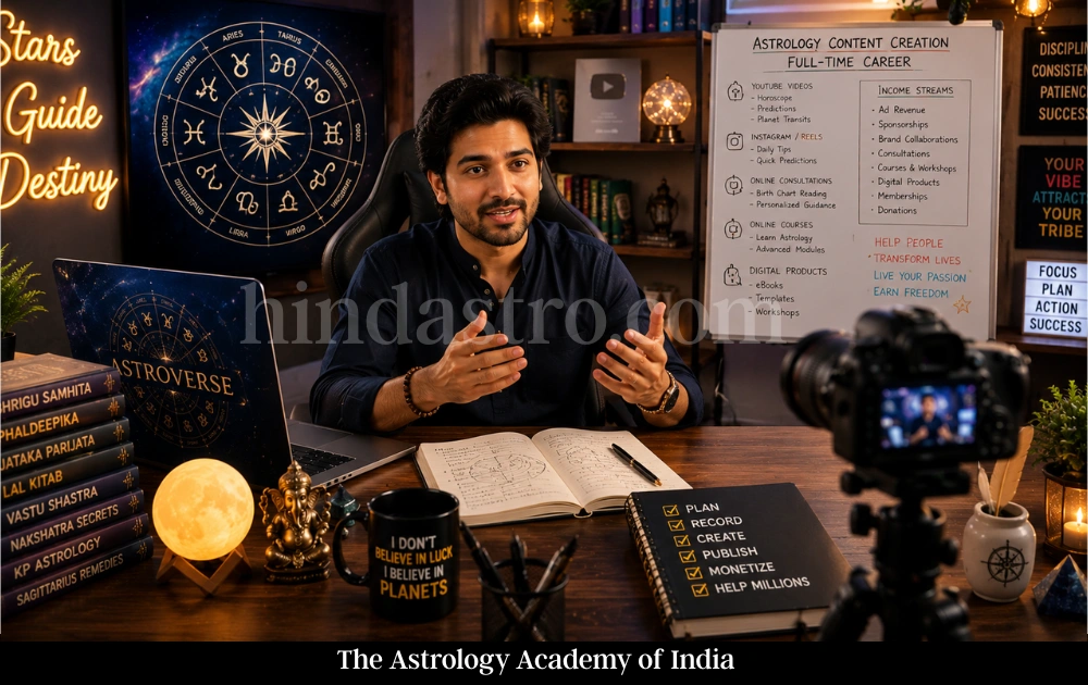 Male astrology content creator recording videos in a professional studio with zodiac charts, camera setup, laptop, and astrology books.