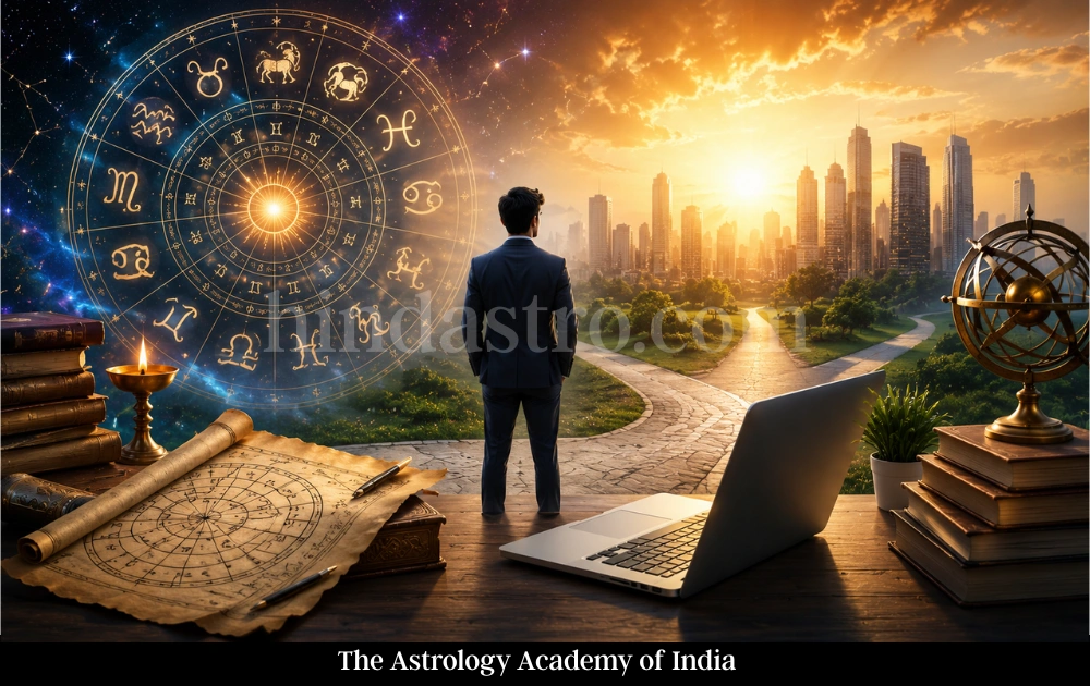 Young professional exploring Vedic astrology as a successful career option in 2026 with cosmic zodiac background and modern city view.