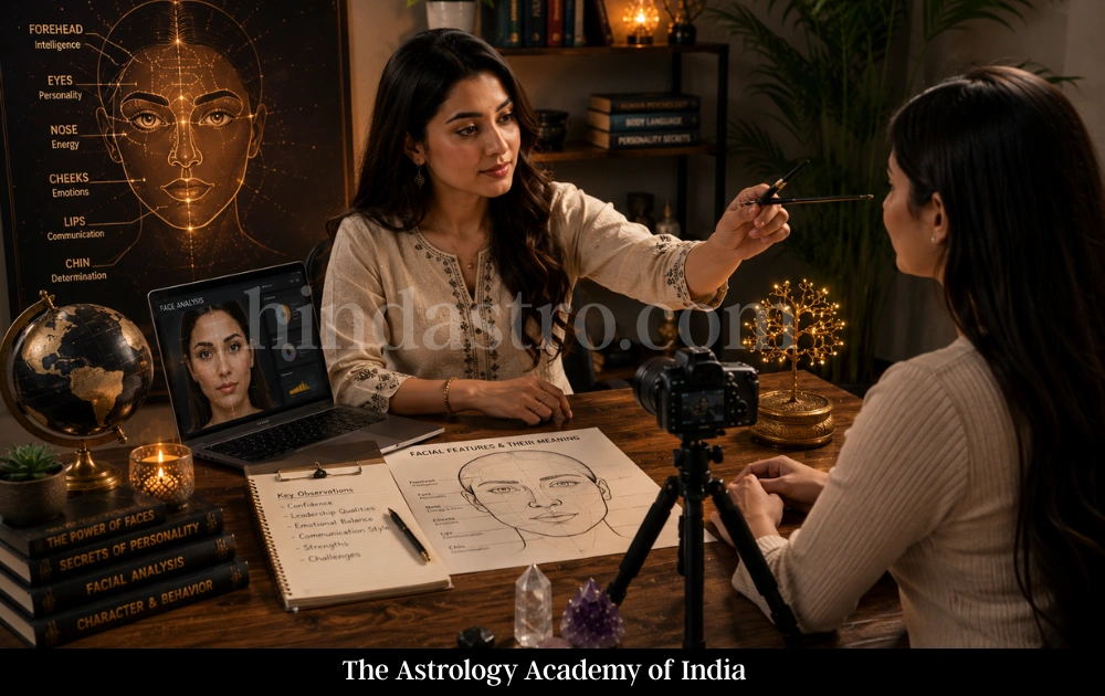 Professional face reading consultation in a modern spiritual studio with facial analysis tools, camera setup, and personality assessment session.