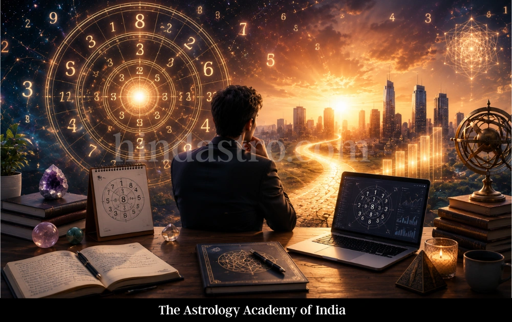 Professional exploring numerology as a high-income career option with glowing numbers, futuristic workspace, and city skyline background.