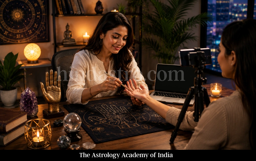 Professional palmistry session in a modern mystical studio with hand reading, candles, crystals, and online consultation setup.