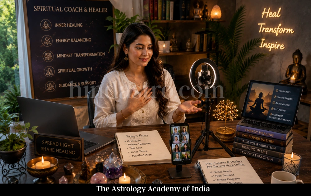 Spiritual coach conducting an online healing session in a peaceful studio with candles, crystals, meditation setup, and digital streaming equipment.