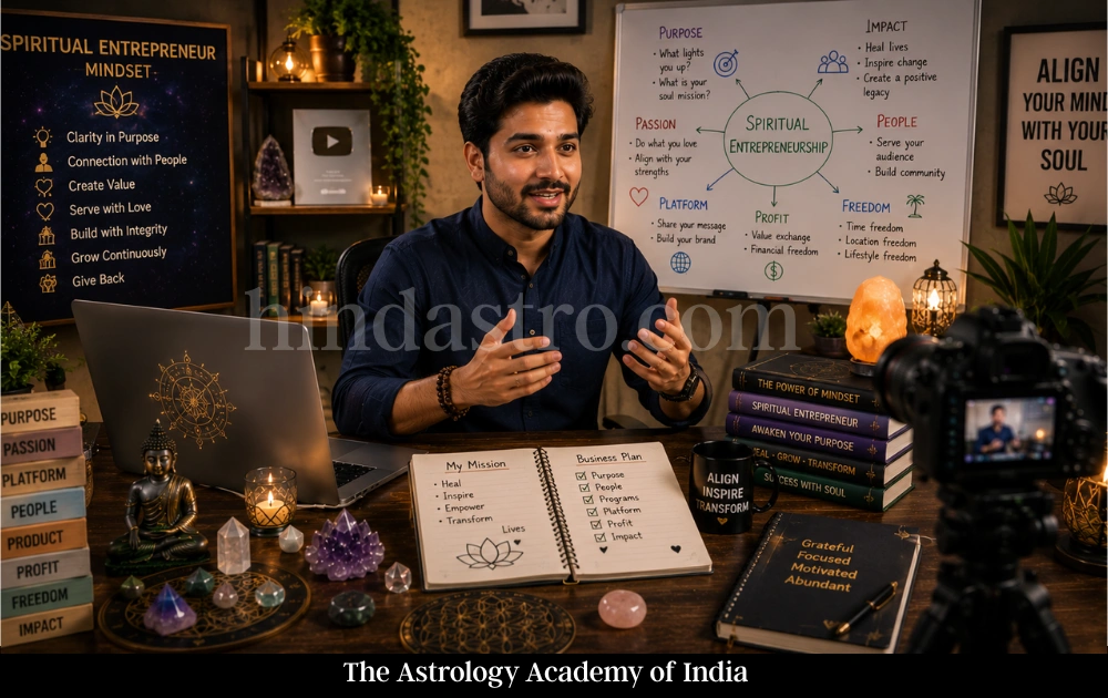 Male spiritual entrepreneur recording online content in a modern studio with crystals, books, camera setup, laptop, and spiritual decor.