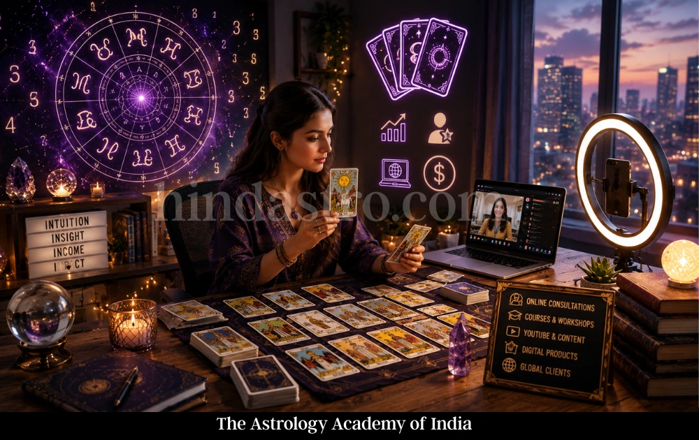 Young tarot reader conducting online tarot sessions in a mystical studio with tarot cards, crystals, and digital setup.