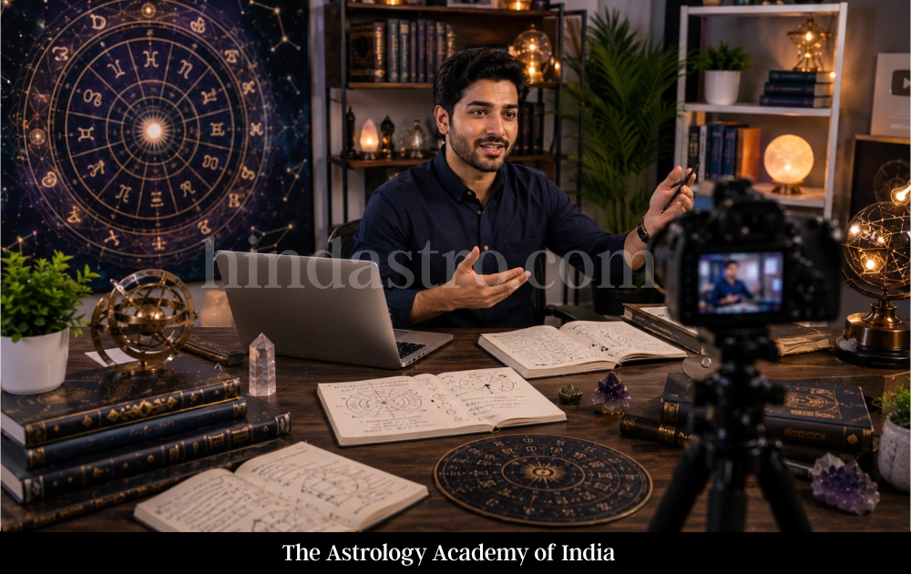 Male astrology teacher conducting online astrology classes in a professional studio with zodiac charts, books, camera setup, and laptop.