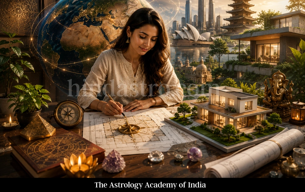 Vastu consultant working on architectural plans with modern homes, global landmarks, and spiritual decor in a luxurious workspace.