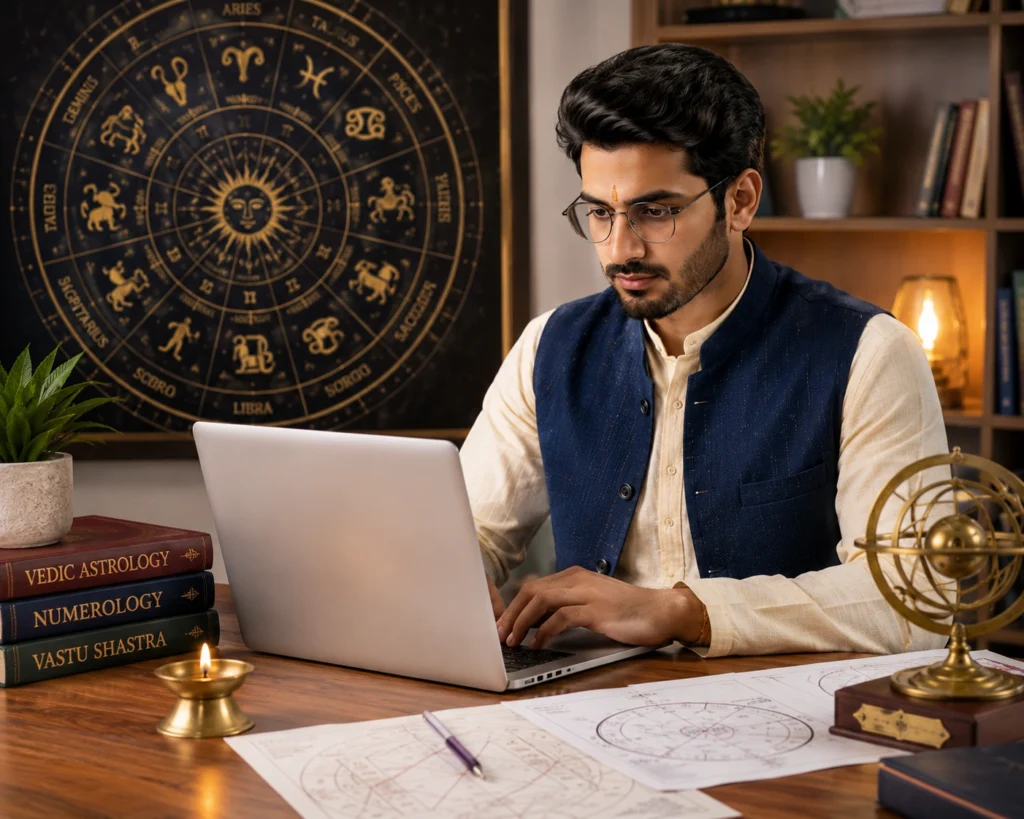 Student learning Vedic Astrology through professional astrology training and certification program at an astrology institute in India. Astrology Career Options in India