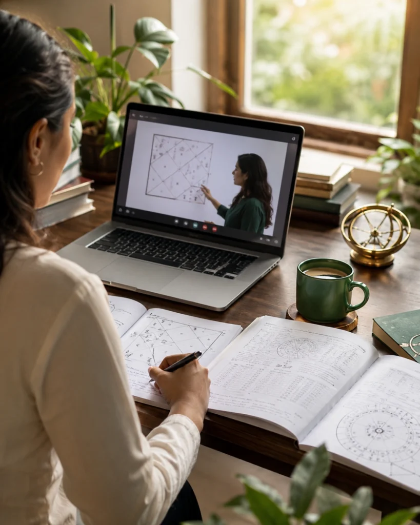 Student attending a live online astrology class at The Astrology Academy of India, a trusted Online Astrology Institute.