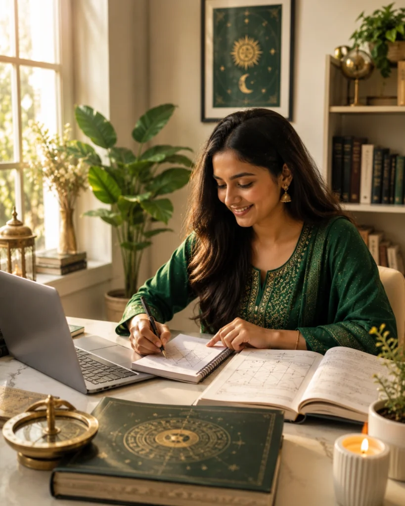 Student practising astrology lessons and horoscope analysis at The Astrology Academy of India, an Online Astrology Institute.
