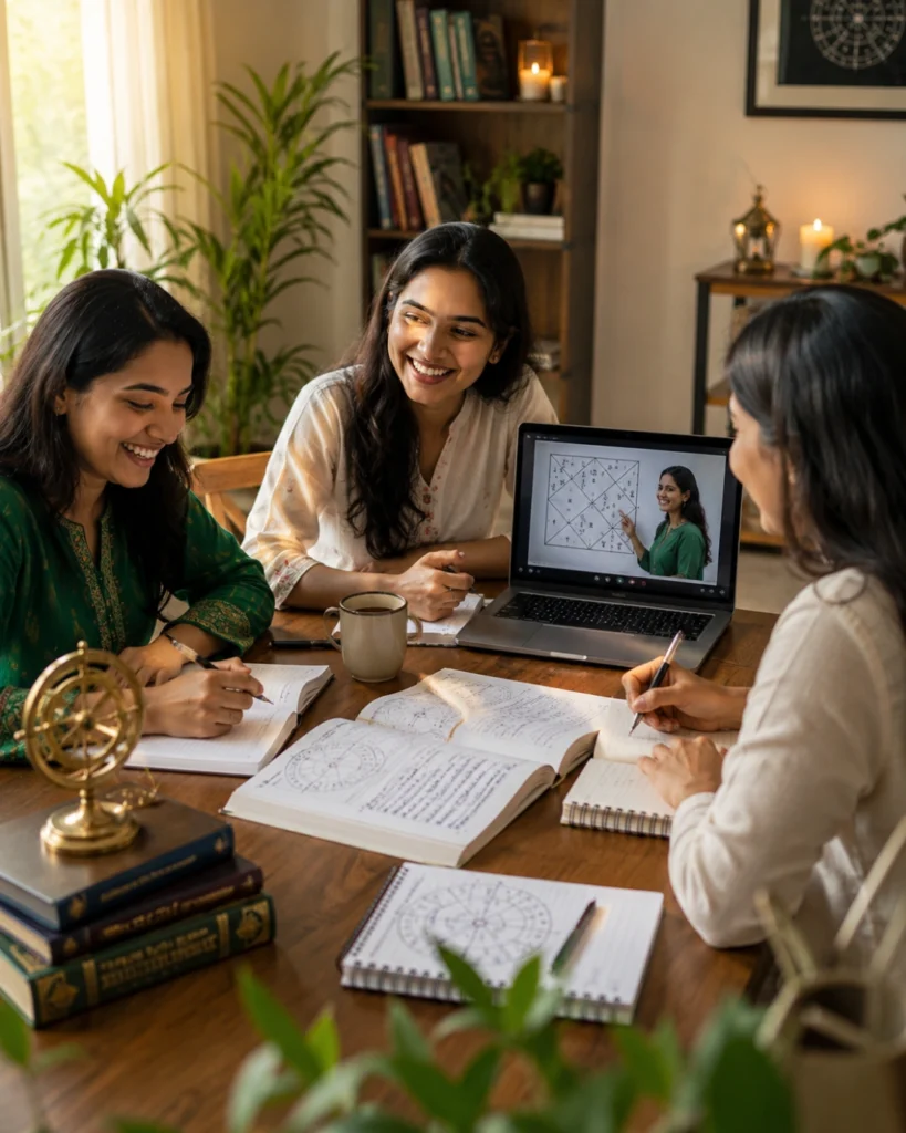 Students attending a live online astrology class at The Astrology Academy of India, a trusted Online Astrology Institute.