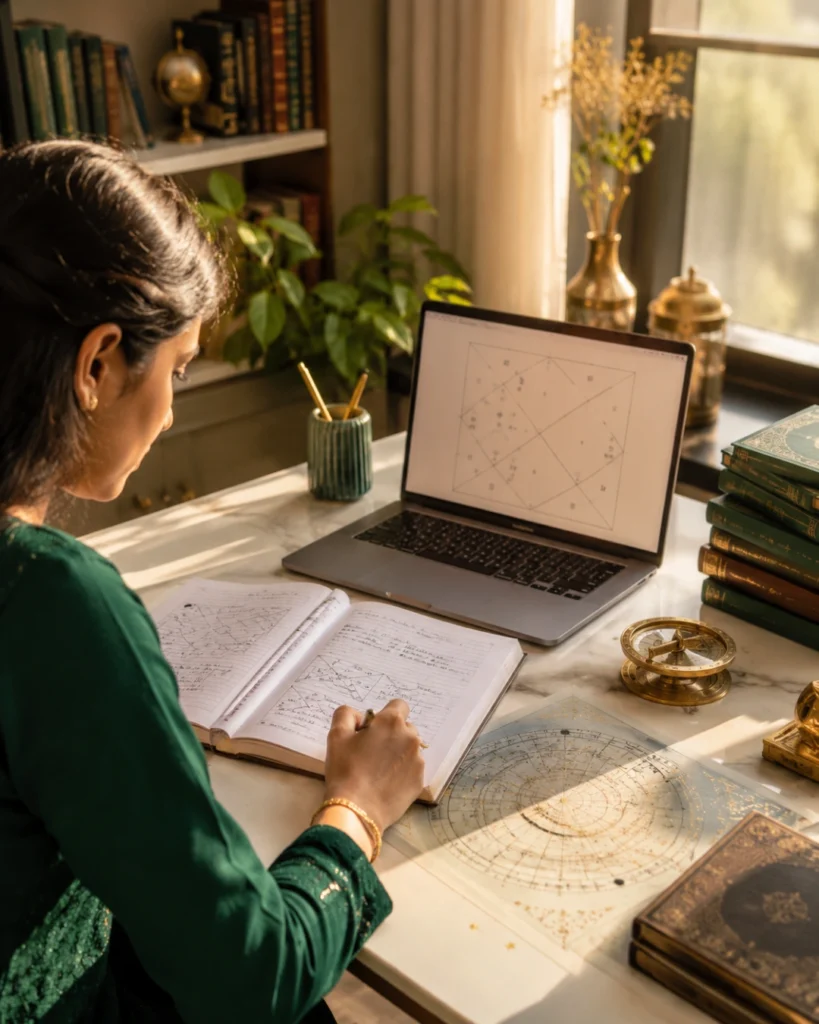 Student learning astrology through live online classes at India's trusted Online Astrology Institute, The Astrology Academy of India.