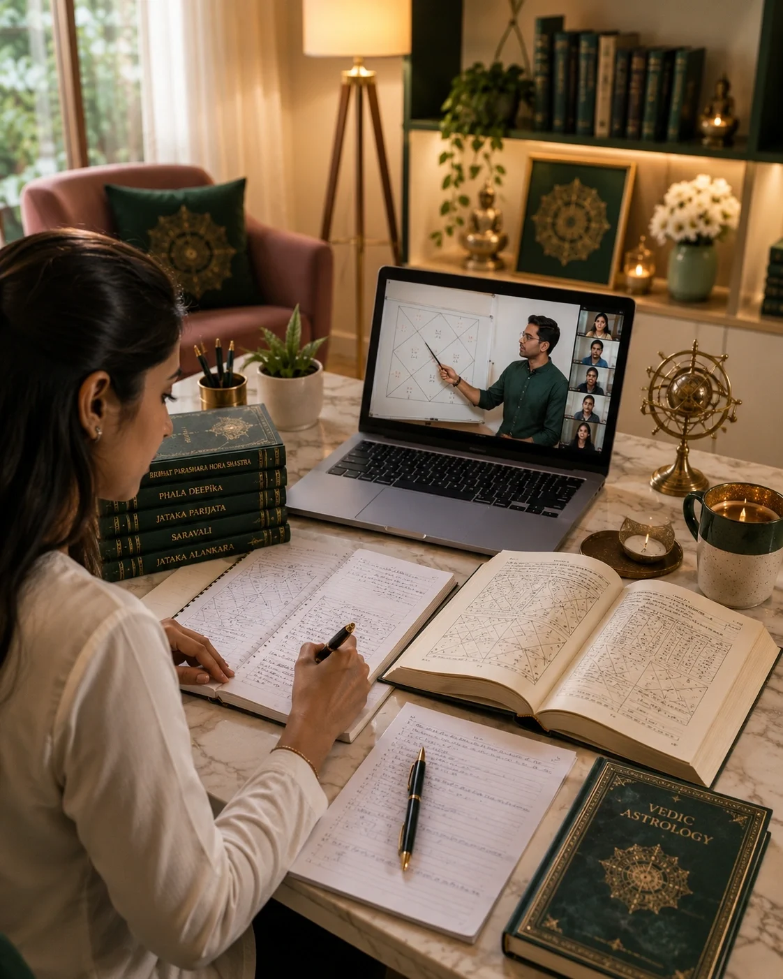 Student learning Vedic Astrology through live online classes and birth chart analysis