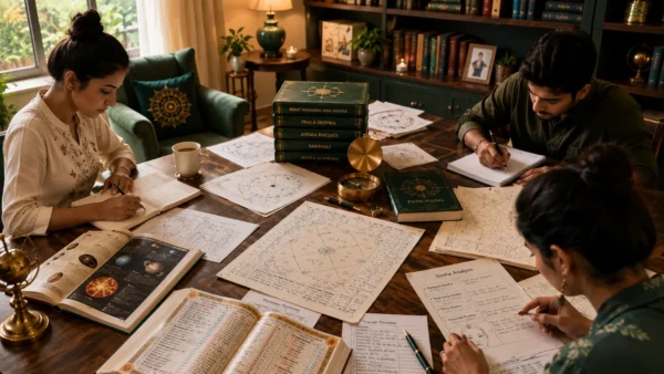 Students learning Vedic Astrology through practical training and horoscope analysis