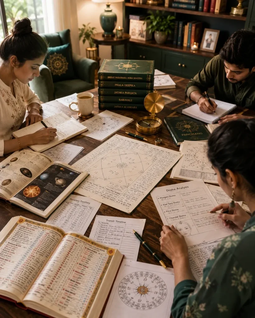 Students learning Vedic Astrology through practical horoscope analysis and guided training