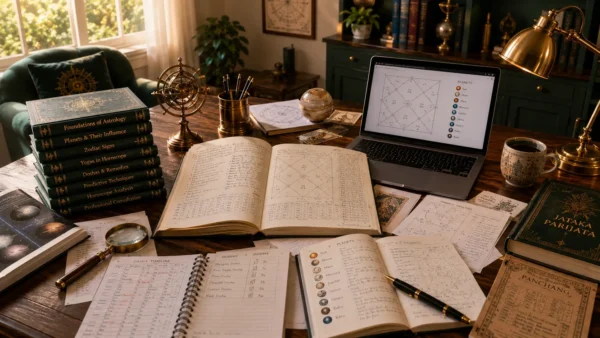 Students learning Vedic Astrology through practical training, horoscope analysis, and study resources