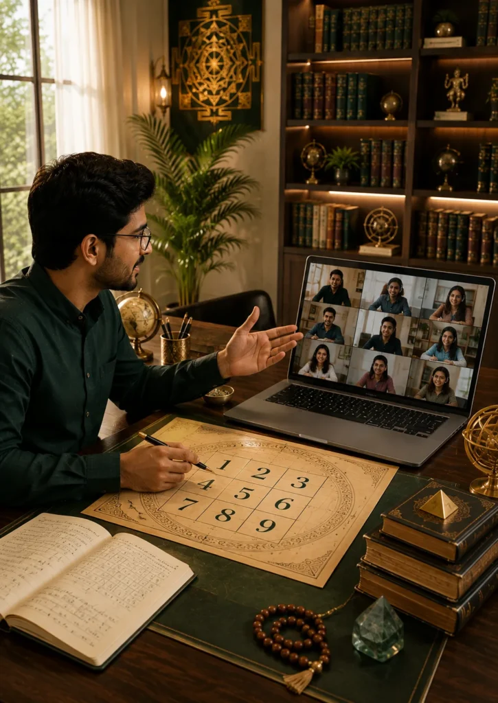 Students learning Vedic Numerology at The Astrology Academy of India through practical and structured training