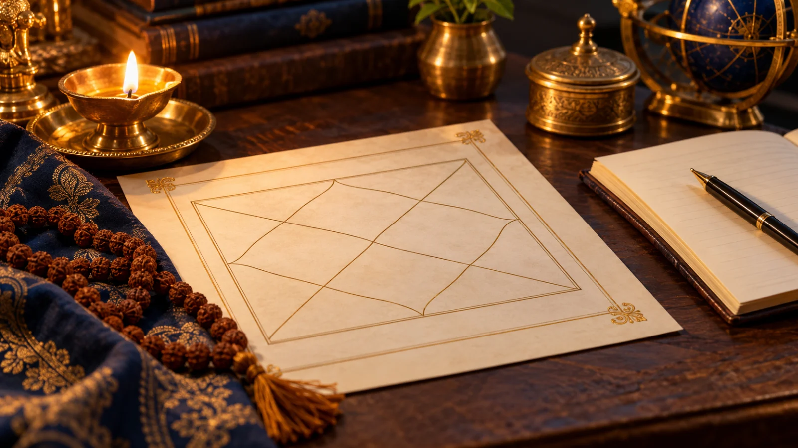 North Indian style kundli chart on a wooden desk with a notebook and pen