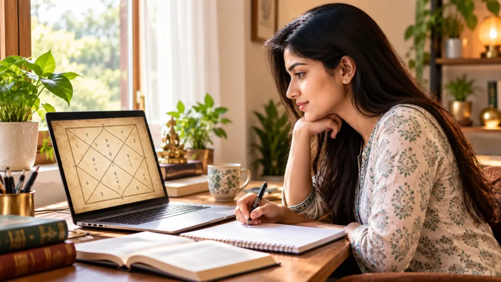 student learning online astrology courses in India on a laptop