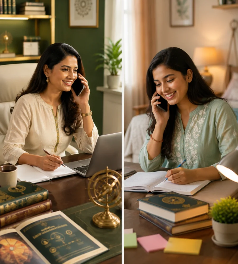 Student receiving online astrology course admission counselling over a phone call before enrolling.